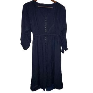 Knot Sisters Navy Blue Button Front Midi Dress